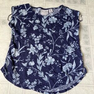 Laura Ashley 100% Linen Short Sleeve T-Shirt Navy Blue Floral print Sz Small